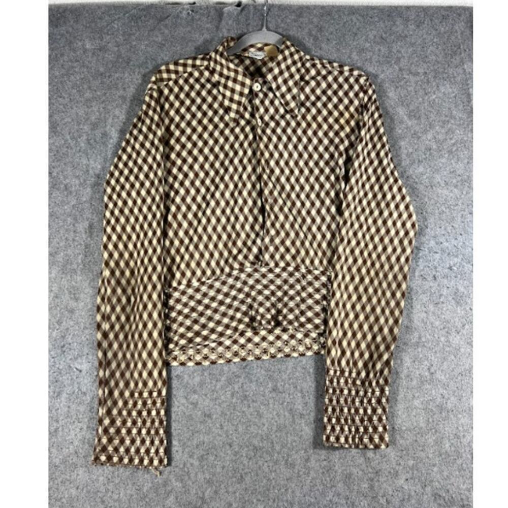 VTG 70s Paul Howard California Gingham Crop Shirt Womens L Smocked Waist Disco